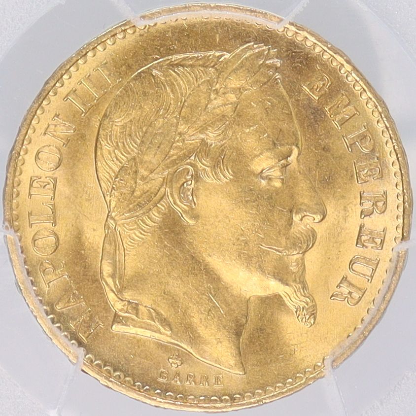 1869年 - BB フランス ナポレオン3世 20フラン 金貨 【 最高鑑定 PCGS MS65 鑑定枚数5枚 】