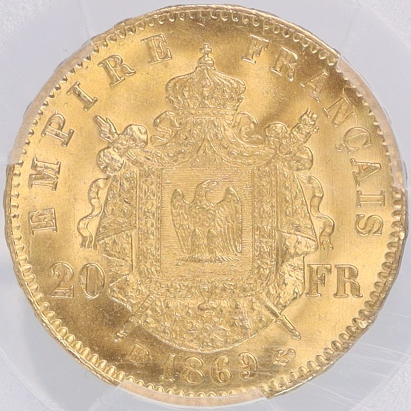 1869年 - BB フランス ナポレオン3世 20フラン 金貨 【 最高鑑定 PCGS MS65 鑑定枚数5枚 】