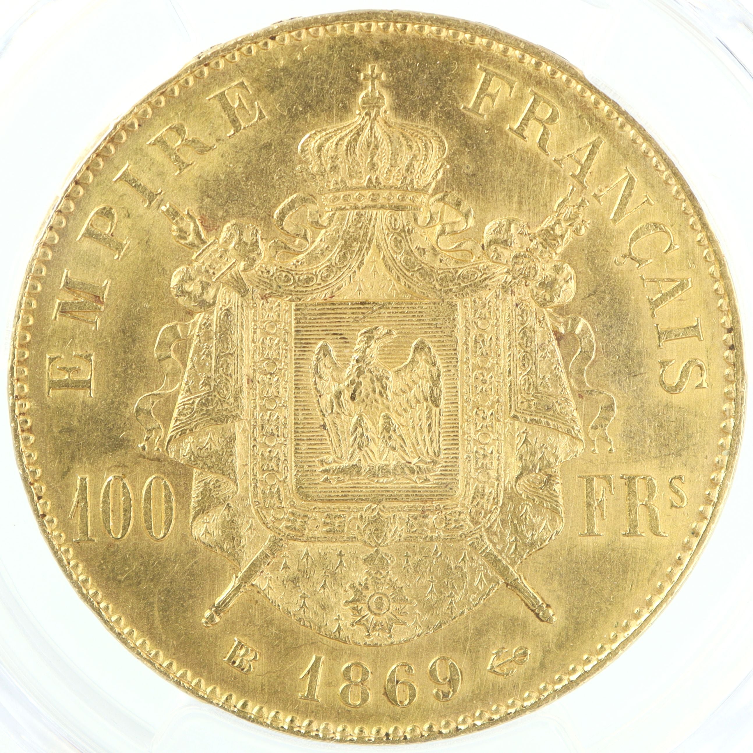 1869年 -BB フランス ナポレオン3世 100フラン金貨 ストラスブール造幣 【 PCGS MS62 】
