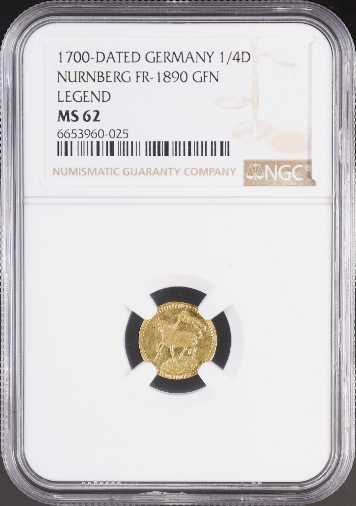 1700年 DATED ドイツ ニュルンベルク 1/4ダカット金貨 FR-1890 GFN LEGEND 【 NGC MS62 】
