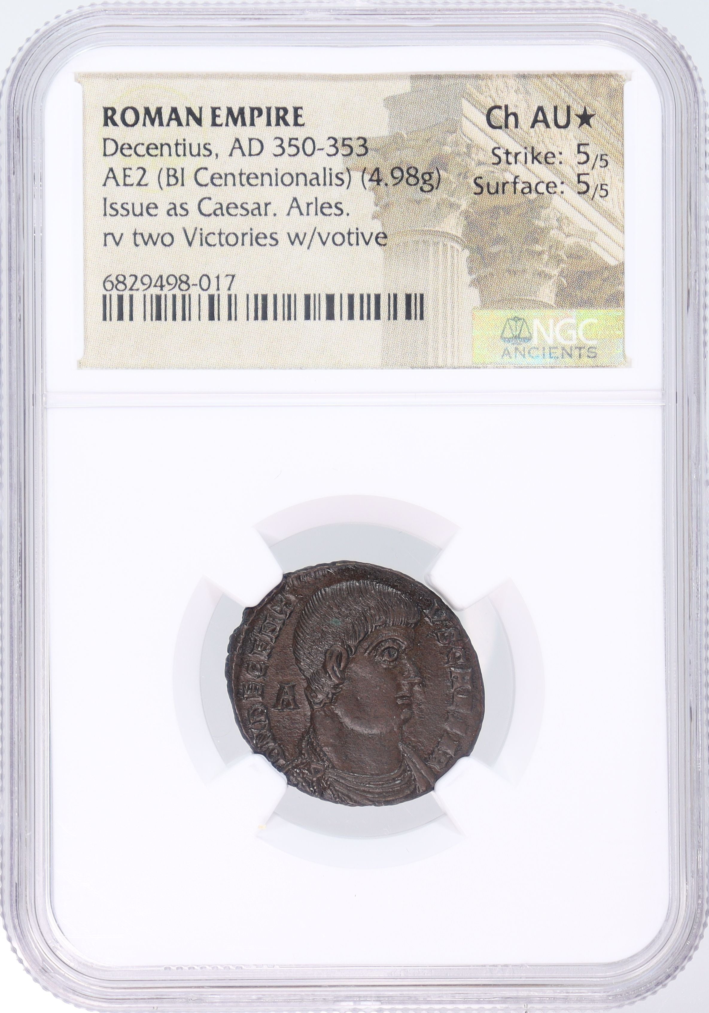 AD350-35年 古代ローマ帝国 デケンティウス 勝利の女神 青銅貨 4.98g 【 NGC Ch AU★ ダブル5 唯一の星付 】