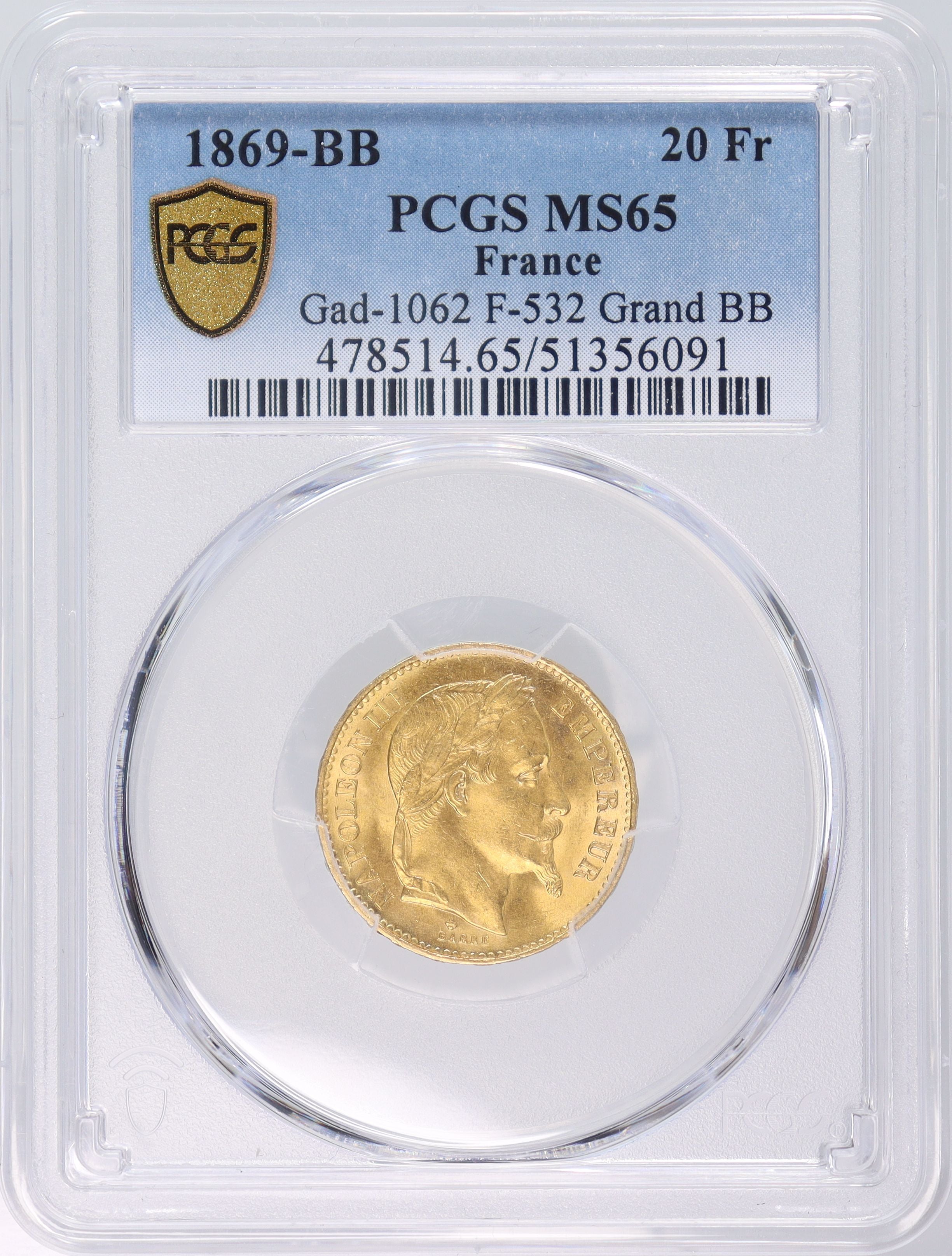 1869年 - BB フランス ナポレオン3世 20フラン 金貨 【 最高鑑定 PCGS MS65 鑑定枚数5枚 】