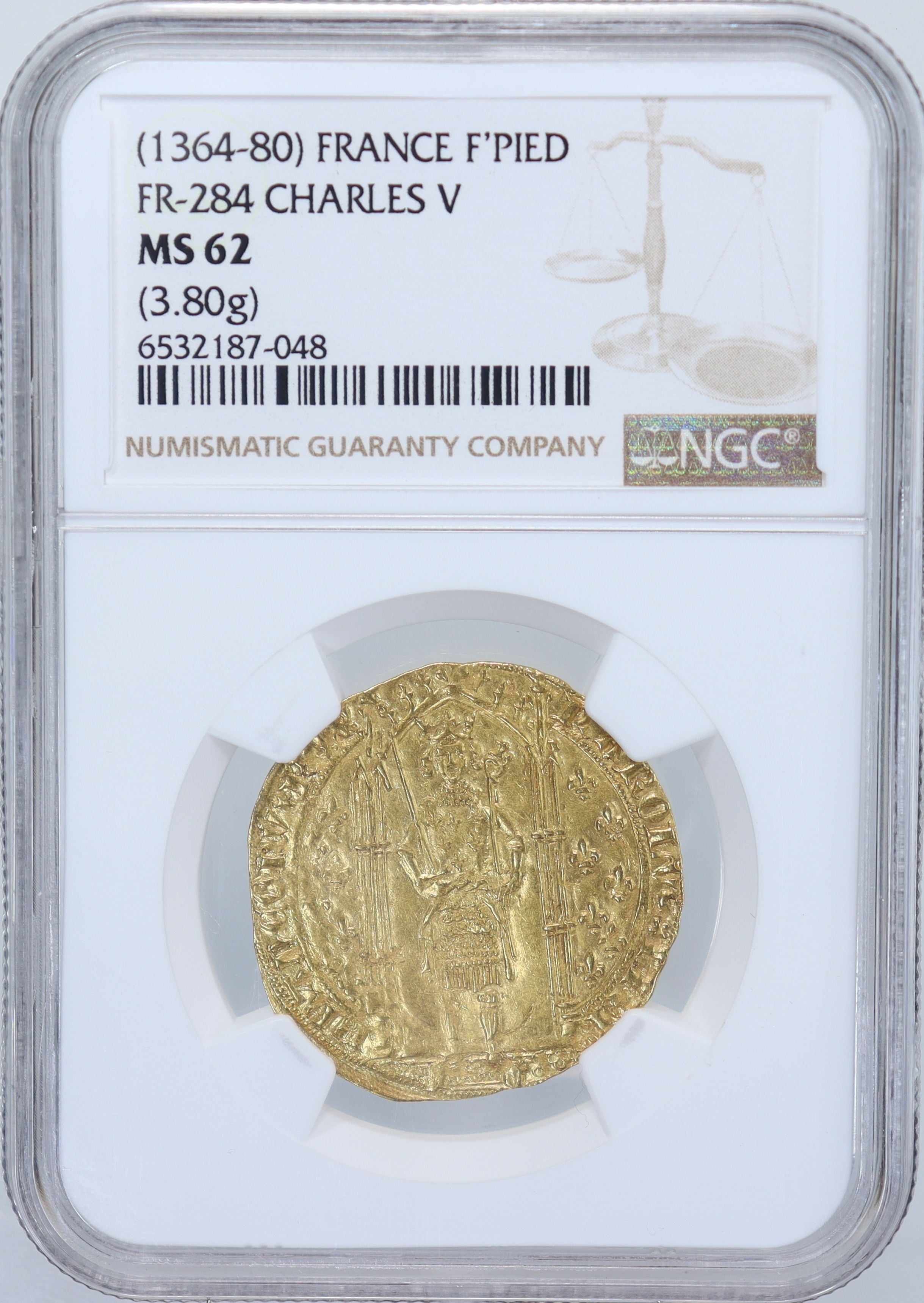 1364-80年 フランス フランカ・ピエ シャルル5世 金貨 3.80g 【 NGC MS62 】