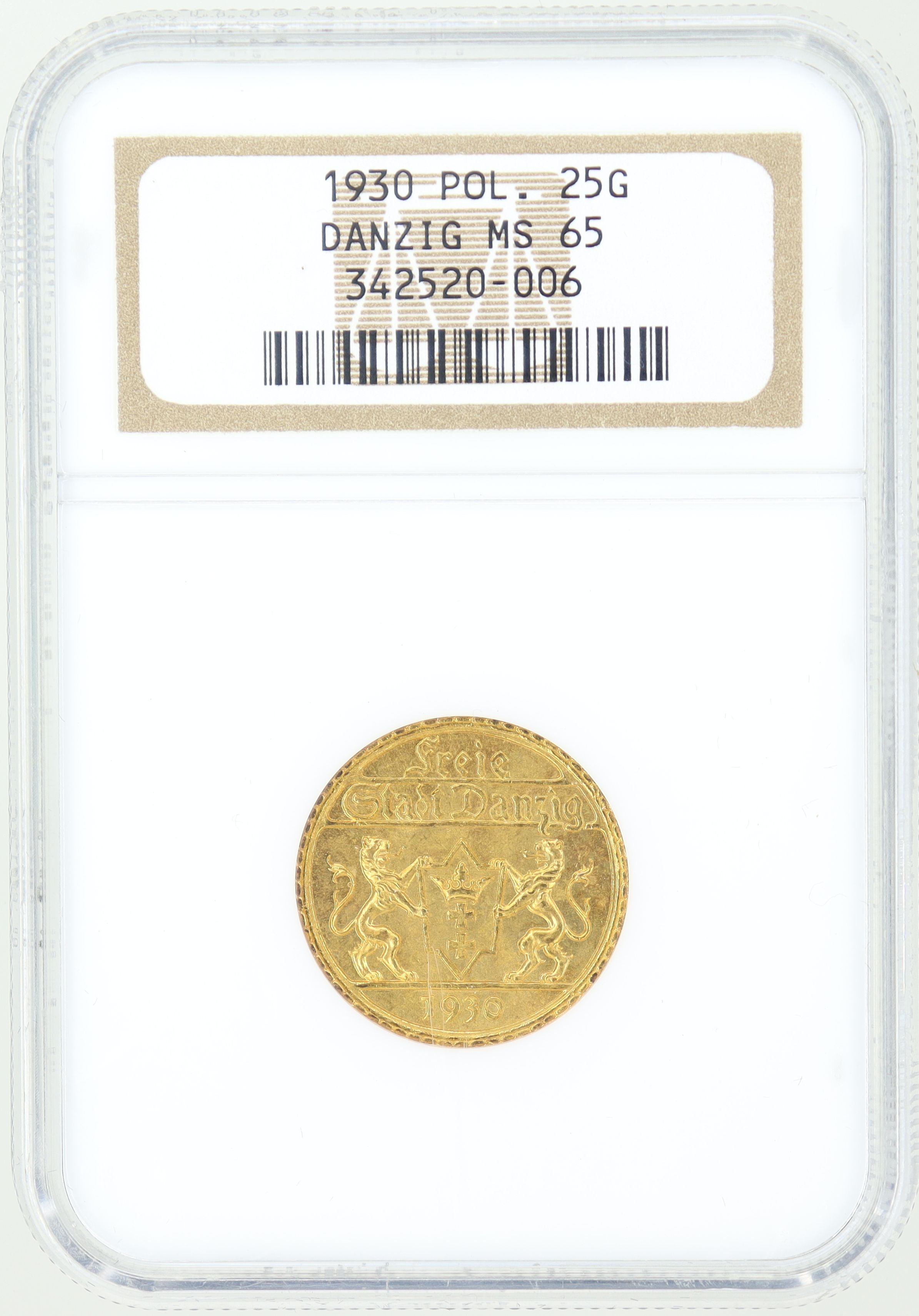 1930年 自由都市 ダンツィヒ ポーランド 25グルデン 金貨 【 高鑑定 NGC MS65 】