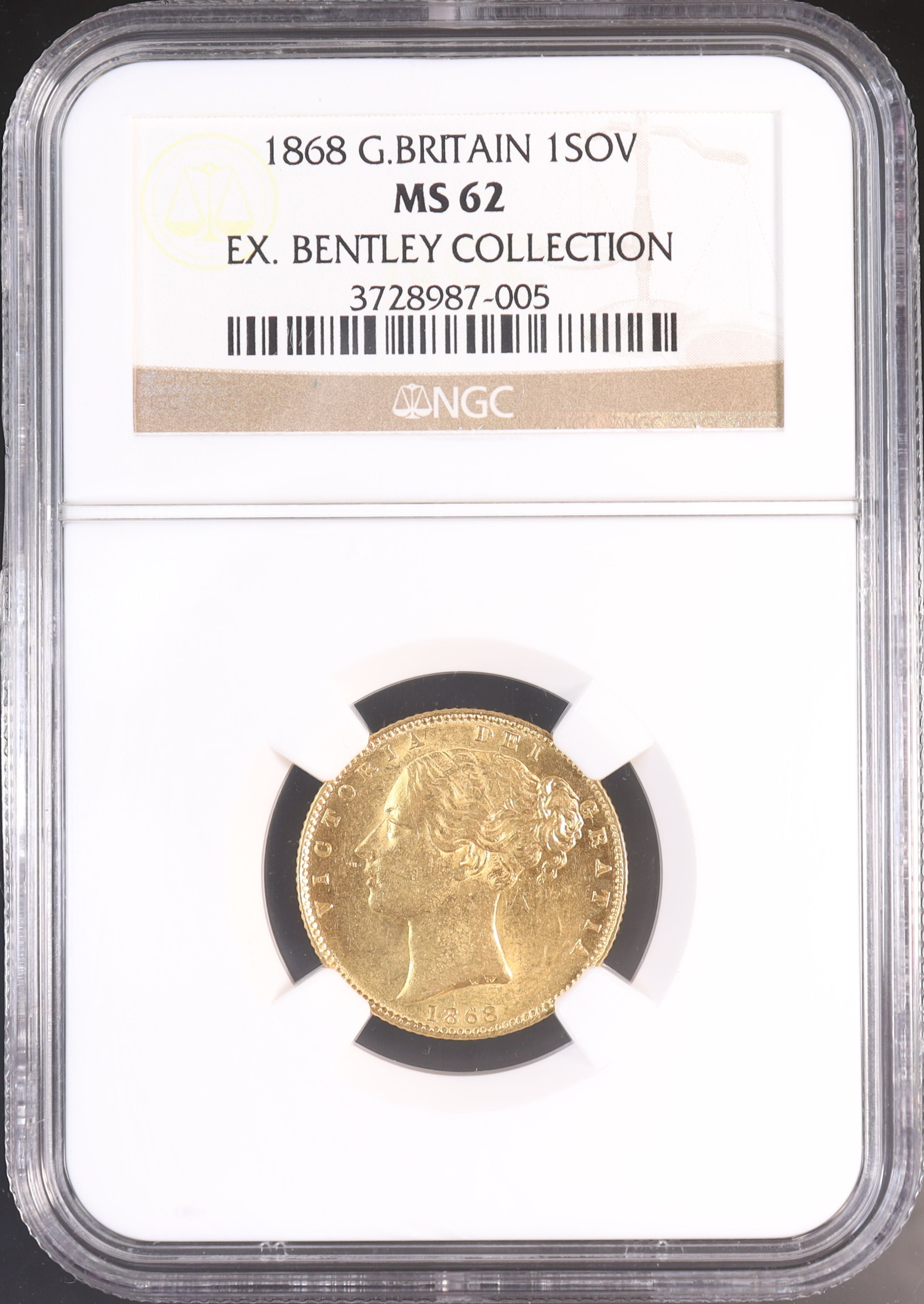 1868年 ヴィクトリア女王 ヤング・ヘッド 1ソブリン金貨 ベントレー・コレクション 【 NGC MS62 】