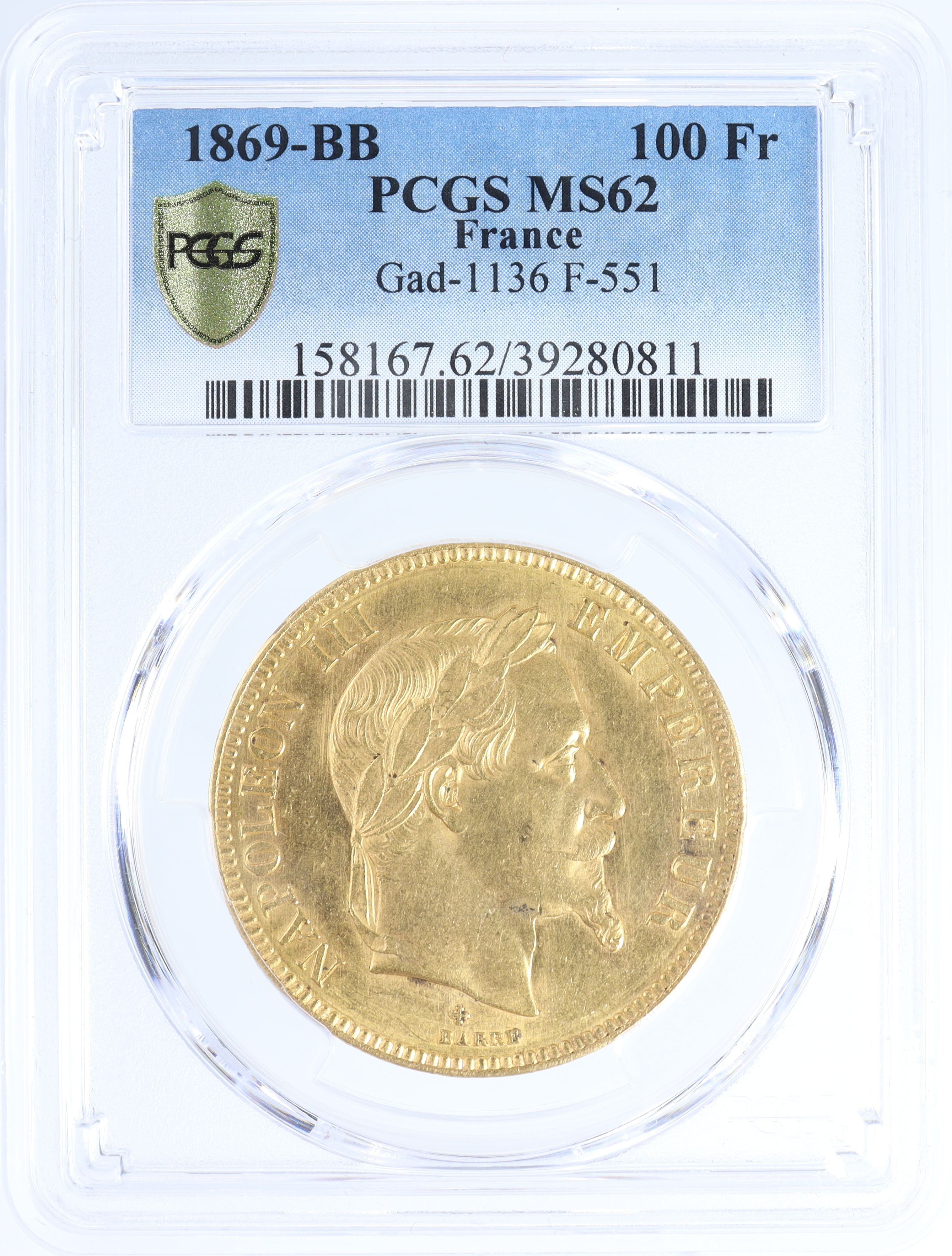 1869年 -BB フランス ナポレオン3世 100フラン金貨 ストラスブール造幣 【 PCGS MS62 】