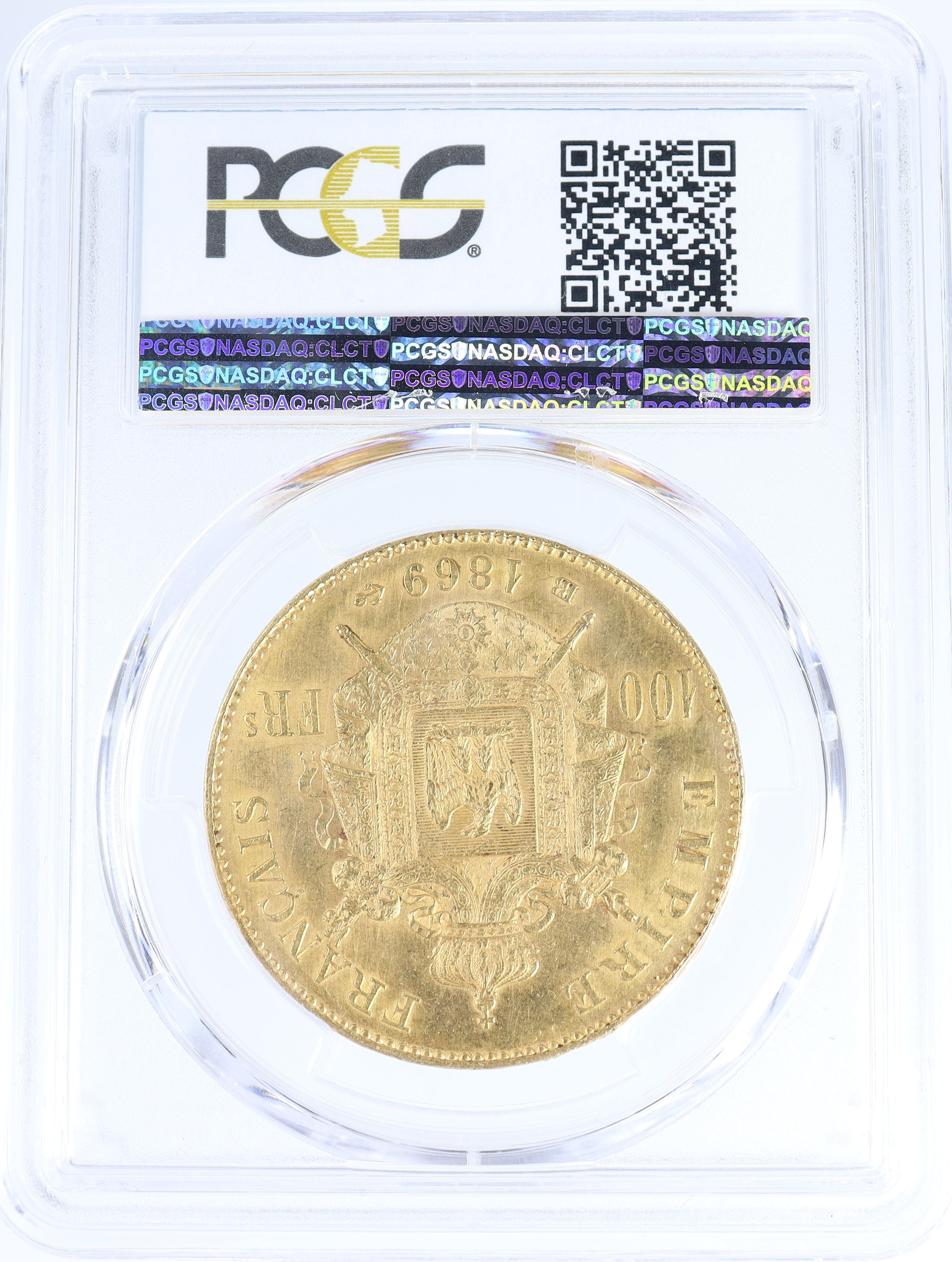1869年 -BB フランス ナポレオン3世 100フラン金貨 ストラスブール造幣 【 PCGS MS62 】