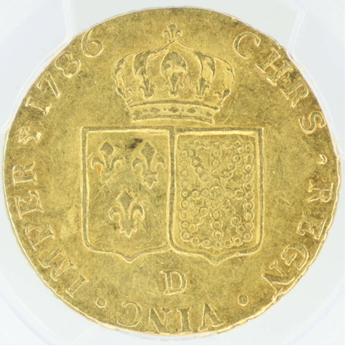 フランス ルイ16世 1786年 リヨン造幣所 2ルイドール金貨 AU55 PCGS 裏