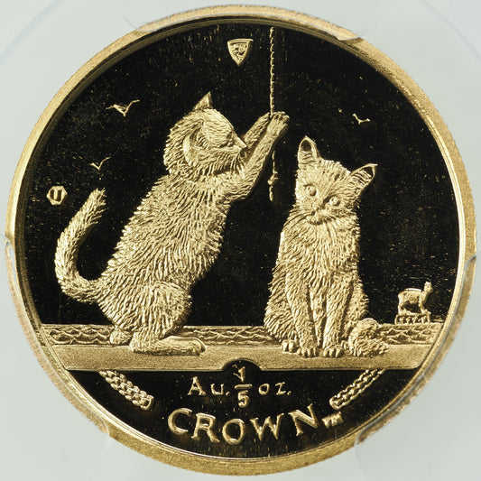 エリザベス2世 キャットコイン 2001年 マン島 1/5クラウン金貨 PR69 DEEP CAMEO PCGS 表