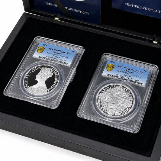 エリザベス2世 ゴシッククラウン 2021年 オルダニー 5ポンド銀貨 PF70 DEEP CAMEO PCGS 2枚セット
