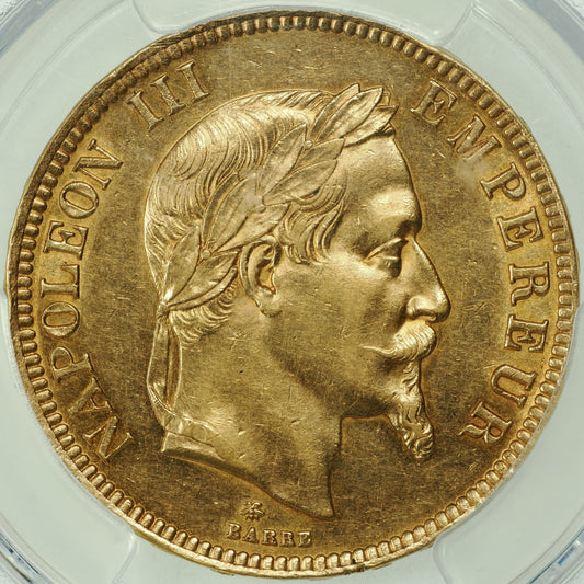 ナポレオン3世 フランス パリ造幣所 1865年-A 100フラン金貨 AU55 PCGS 表