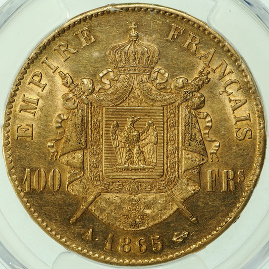 ナポレオン3世 フランス パリ造幣所 1865年-A 100フラン金貨 AU55 PCGS 裏
