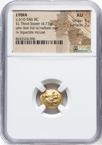 リディア王国 紀元前610～546年 エレクトラム製 1/3スターテル金貨 AU 5/5-2/5 scuffs NGC 表