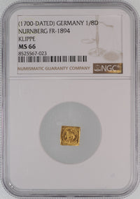 ドイツ ニュルンベルク ラムダカット クリッペ（四角） 1700年刻印 1/8ダカット金貨 MS62 PCGS 表