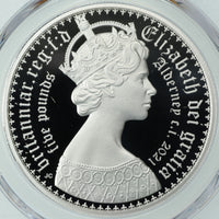 エリザベス2世 ゴシッククラウン 2021年 オルダニー 5ポンド銀貨 PF70 DEEP CAMEO PCGS ポートレート版裏