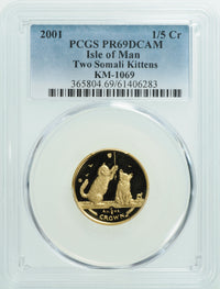 エリザベス2世 キャットコイン 2001年 マン島 1/5クラウン金貨 PR69 DEEP CAMEO PCGS 表