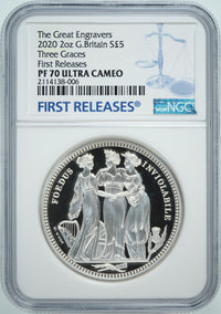 エリザベス2世 スリーグレイセス イギリス 5ポンド銀貨 PF70 ULTRA CAMEO First Releases NGC 表