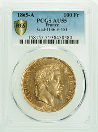 ナポレオン3世 フランス パリ造幣所 1865年-A 100フラン金貨 AU55 PCGS 表
