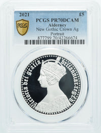 エリザベス2世 ゴシッククラウン 2021年 オルダニー 5ポンド銀貨 PF70 DEEP CAMEO PCGS ポートレート版表