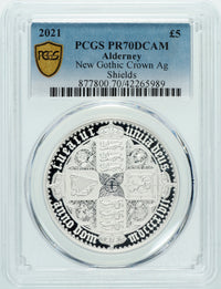 エリザベス2世 ゴシッククラウン 2021年 オルダニー 5ポンド銀貨 PF70 DEEP CAMEO PCGS シールド版表
