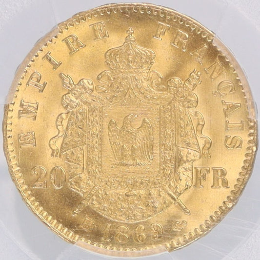 ナポレオン3世 フランス ストラスブール造幣所 1869年-BB 20フラン金貨 MS62 PCGS 裏