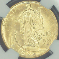 イタリア ローマ造幣所 エマヌエーレ3世 1932年-R 100リラ金貨 MS65 NGC 裏