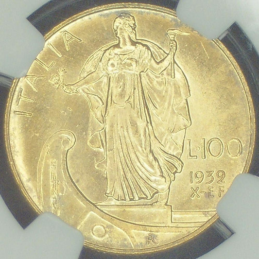 イタリア ローマ造幣所 エマヌエーレ3世 1932年-R 100リラ金貨 MS65 NGC 裏