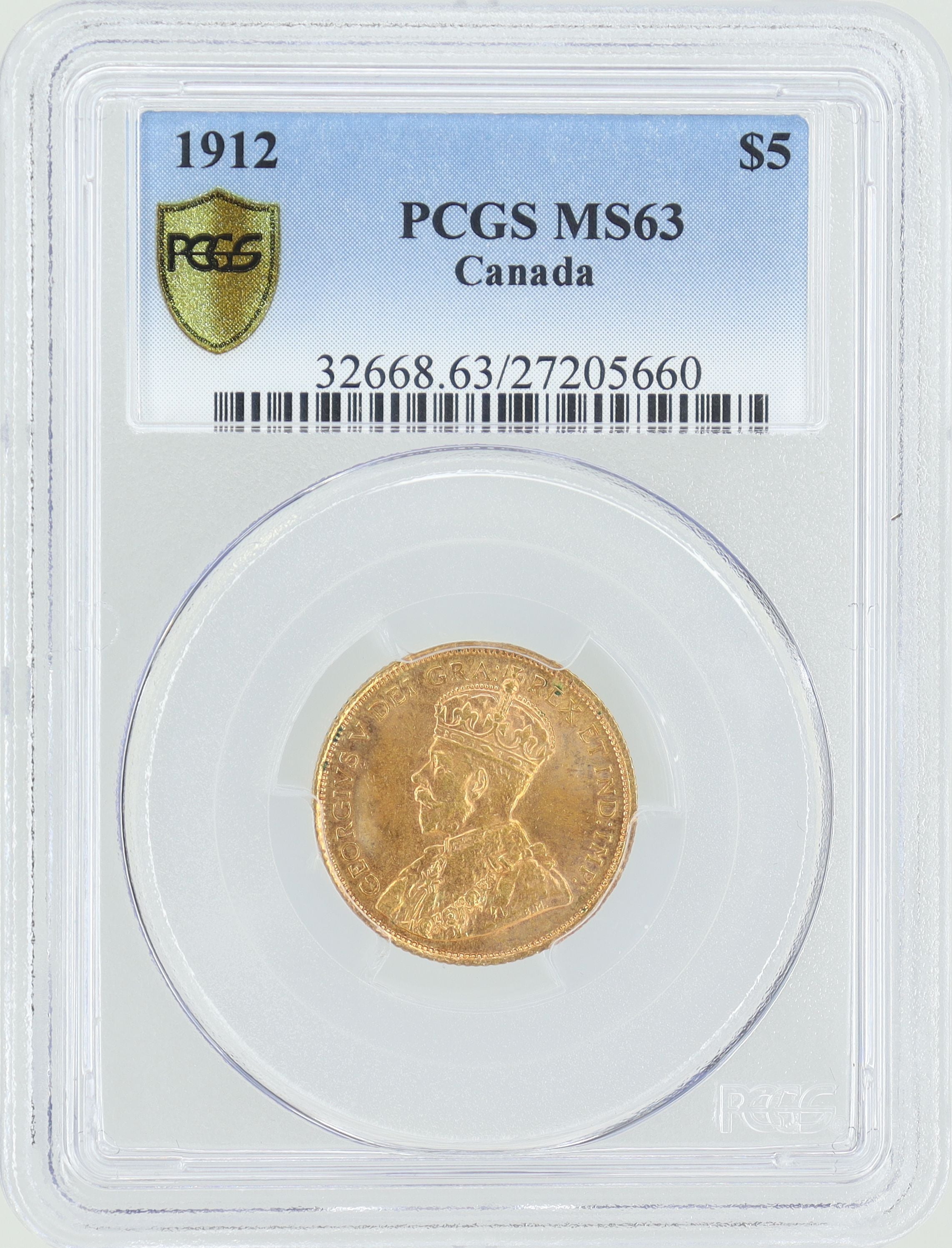 1912年 カナダ 5ドル 金貨 ジョージ5世 カナダ初 初年号 【 PCGS MS63 】