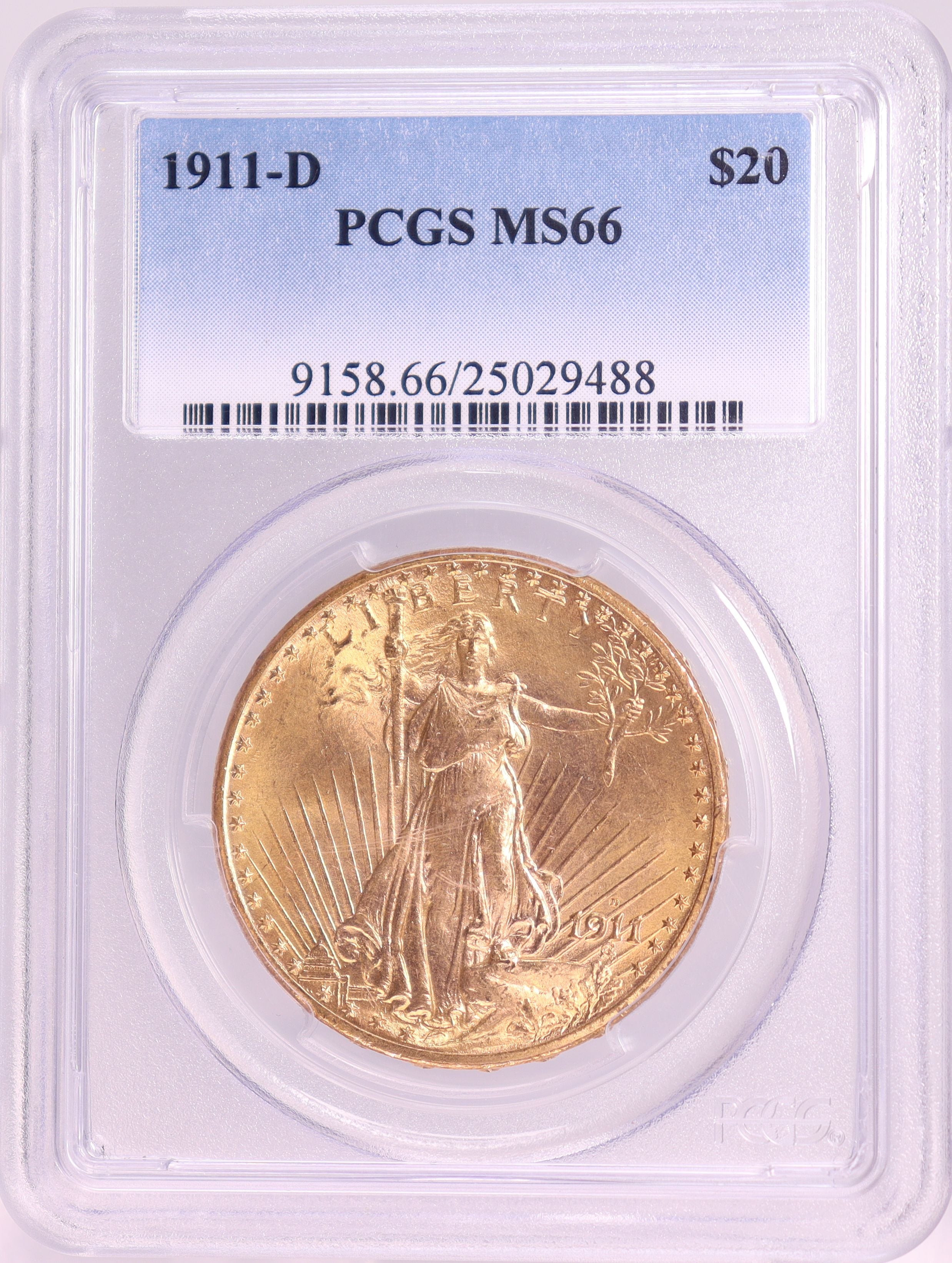 1911年-D アメリカ セントゴーデンス ダブルイーグル 20ドル 金貨 ダラス鋳造 【 PCGS MS66 準高鑑定 】