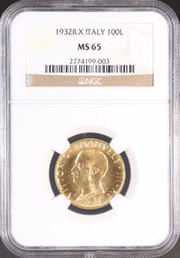 イタリア ローマ造幣所 エマヌエーレ3世 1932年-R 100リラ金貨 MS65 NGC 表