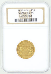 ポーランド ダンツィヒ 1930年 25グルデン金貨 MS65 NGC 表
