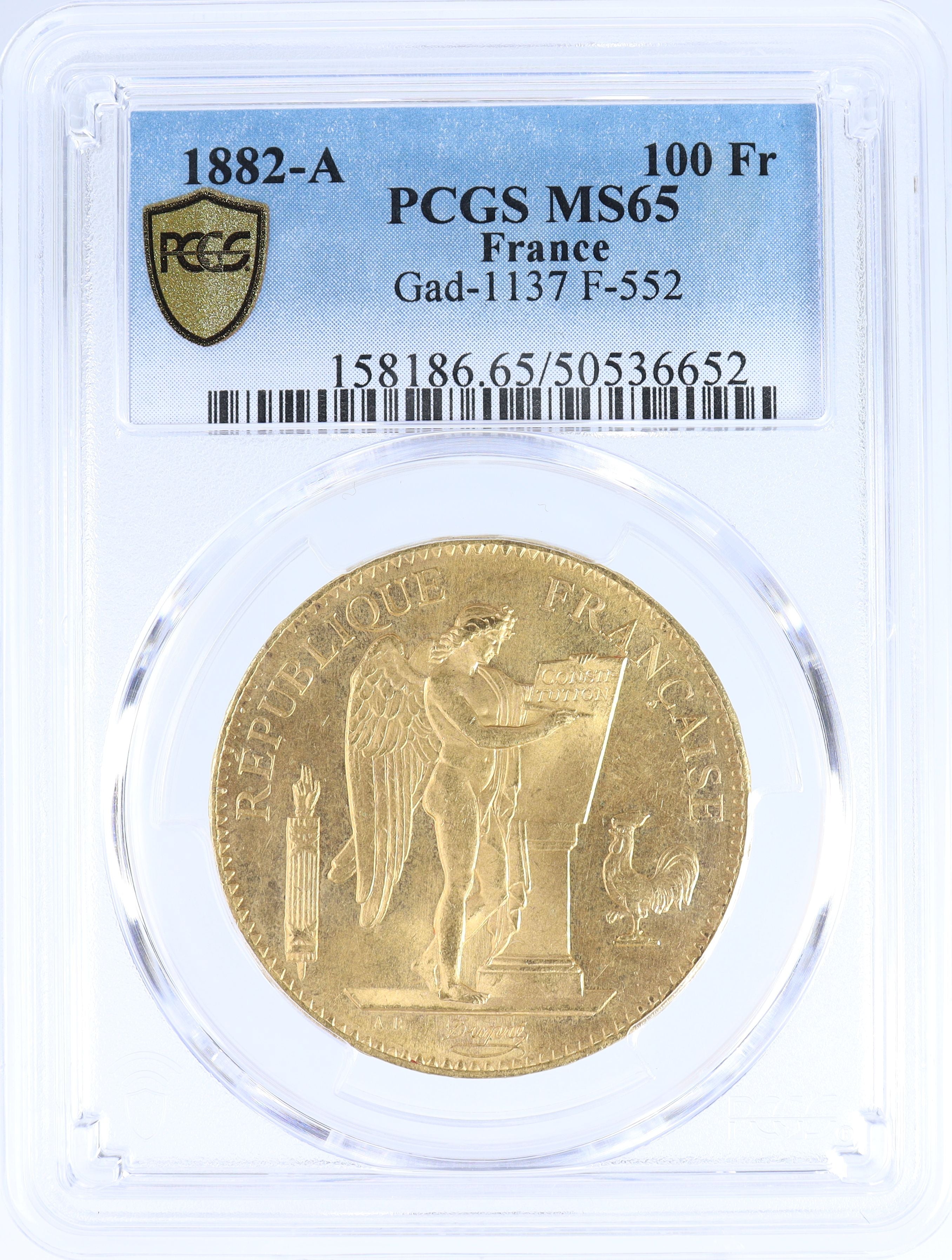1882年 A フランス ラッキーエンジェル 100フラン金貨 【 PCGS MS65 TOP POP 】