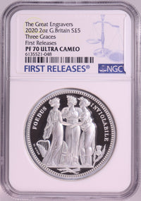 スリーグレイセス イギリス 2020年 5ポンド銀貨 PF70 ULTRACAMEO First Releases NGC 表