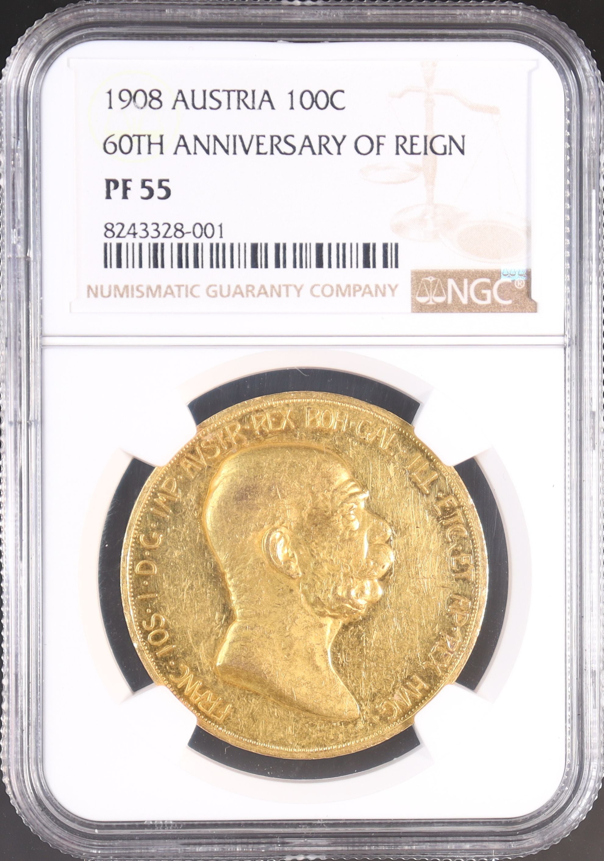 1908年 オーストリア 雲上の女神 100コロナ金貨 フランツ・ヨーゼフ1世 在位60周年記念 【 NGC PF55 】