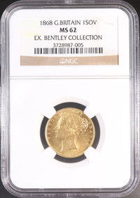1868年 イギリス ヴィクトリア女王 ヤング・ヘッド ベントレー・コレクション 1ソブリン金貨  表MS62 BGC
