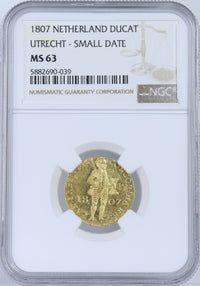 オランダ ユトレヒト 小文字年号（Small Date） 1807年 1ダカット金貨 MS63 NGC 表