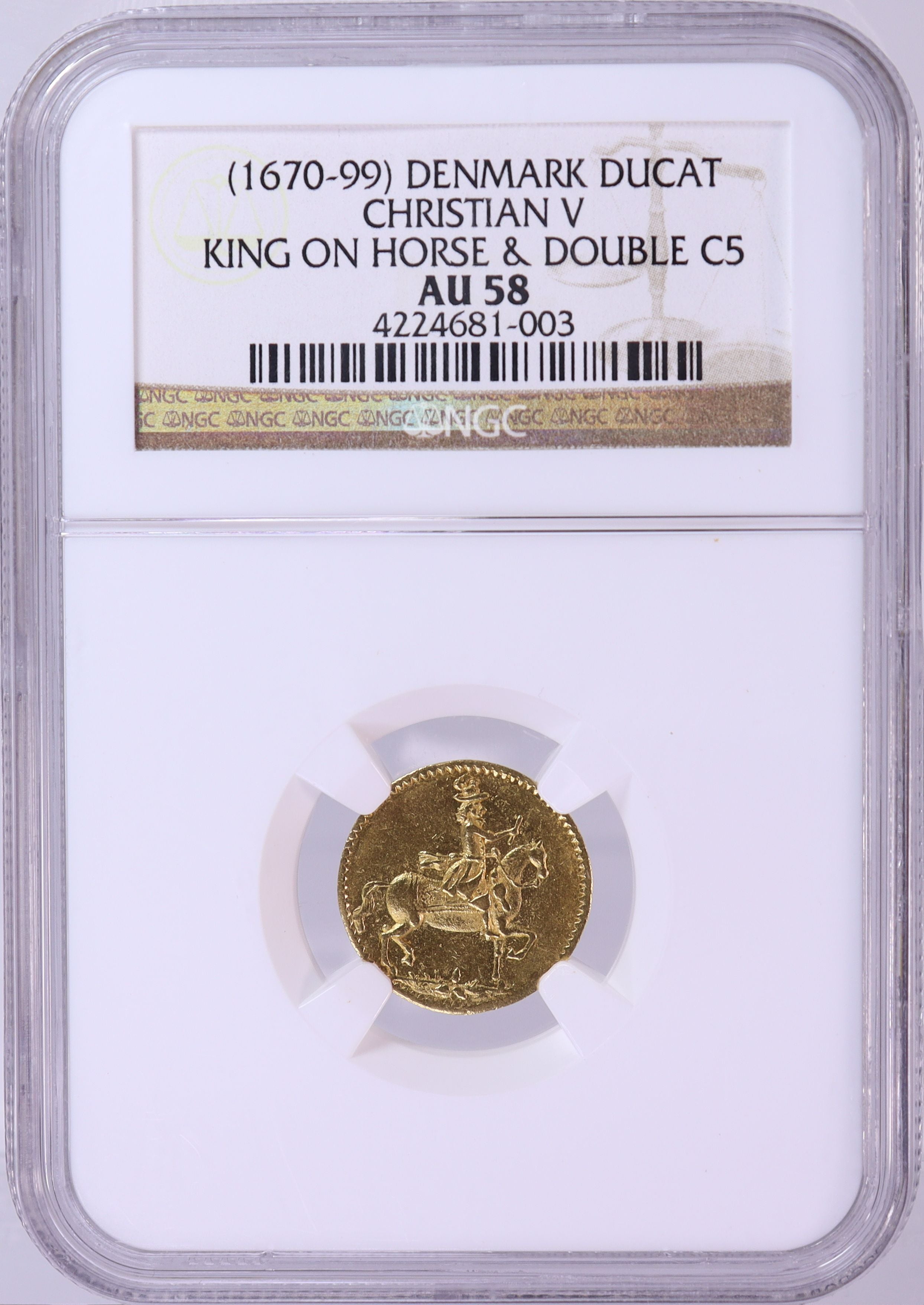 1670-99年 デンマーク クリスチャン5世 騎馬王 1ダカット 金貨 【 NGC AU58 唯一の鑑定品 TOP POP 】