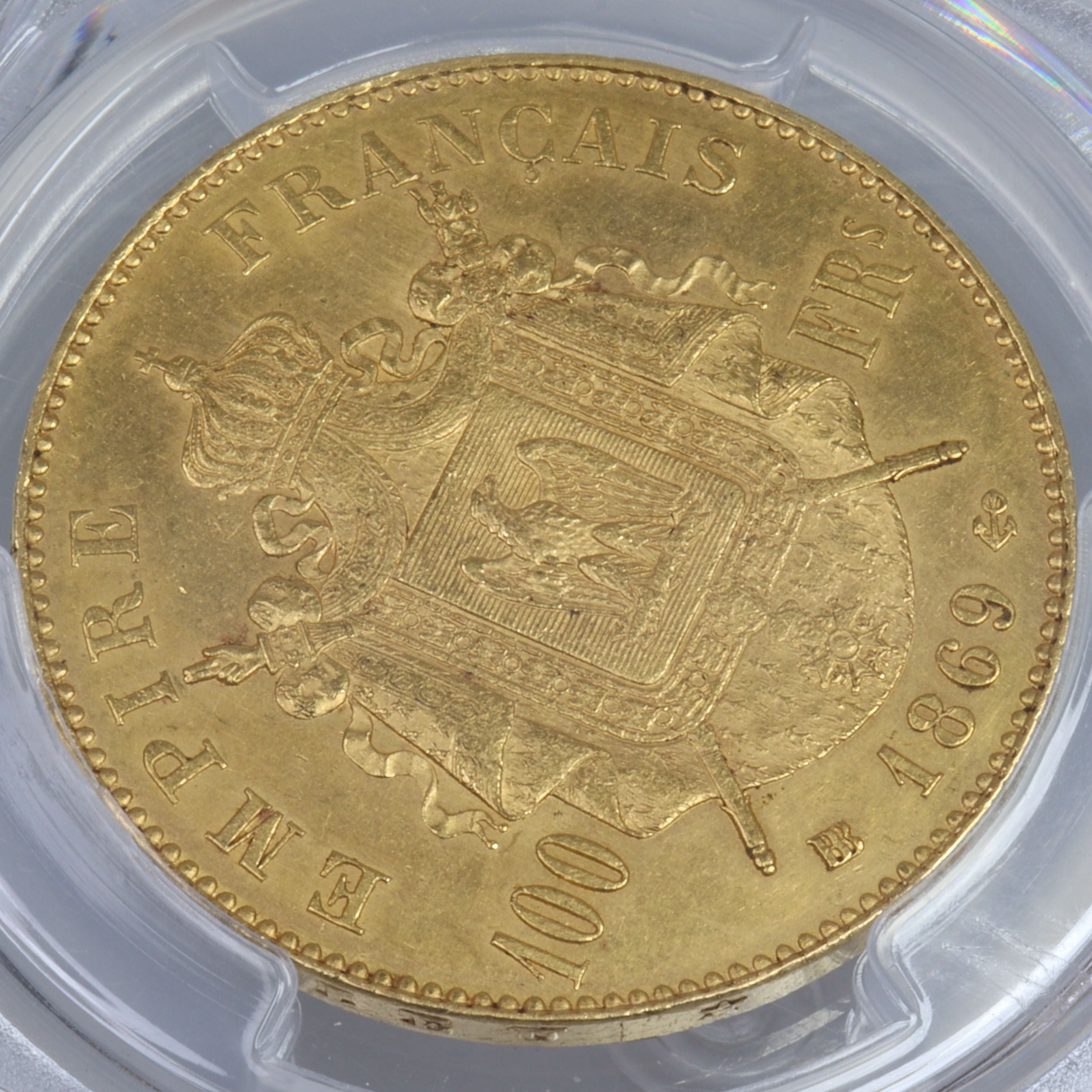 1869年 -BB フランス ナポレオン3世 100フラン金貨 ストラスブール造幣 【 PCGS MS62 】