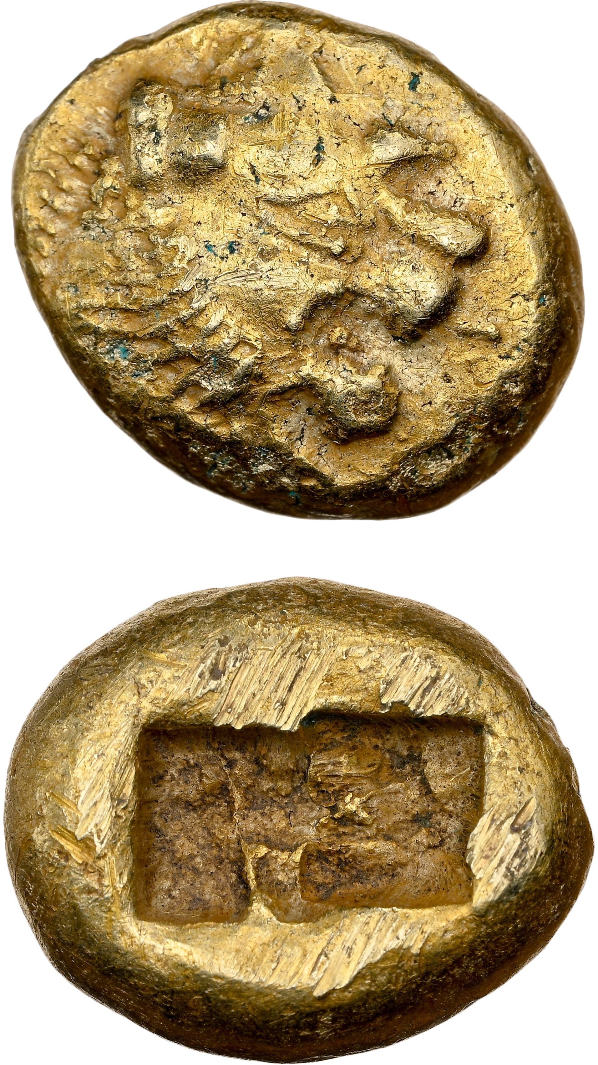 世界最古の貨幣 AU 4/5-3/5】紀元前610-546年 リディア王国 1/3スタテル エレクトロン金貨 NGC/エレクトラム 古代 アンティーク コイン 紀元前約610～546年 リディア王国 エレクトラム（天然金銀合金）製 1/3スターテル 4.73g 世界最古のコイン【 NGC AU 5/