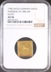 ドイツ ニュルンベルク ラムダカット クリッペ（四角） 1700年刻印 1ダカット金貨 AU58 NGC 表