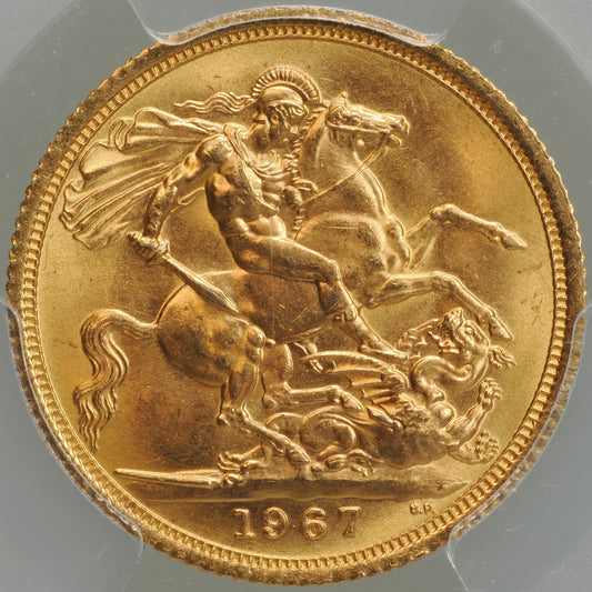 エリザベス2世 ヤングヘッド 聖ジョージの竜退治 イギリス 1967年 1ソブリン金貨 MS65 PCGS 裏