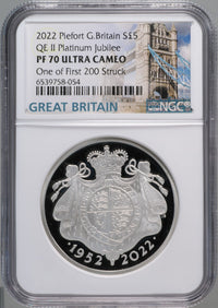 エリザベス2世 ピエフォー プラチナジュビリー イギリス 2022年 5ポンド銀貨 PF70 ULTRA CAMEO One of First 200 Struck NGC 表
