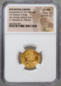 ビザンチン帝国 コンスタンティヌス4世 ティベリウス ヘラクレイオス 西暦668～685年 1ソリドゥス金貨 Ch MS 4/5-5/5 NGC 表