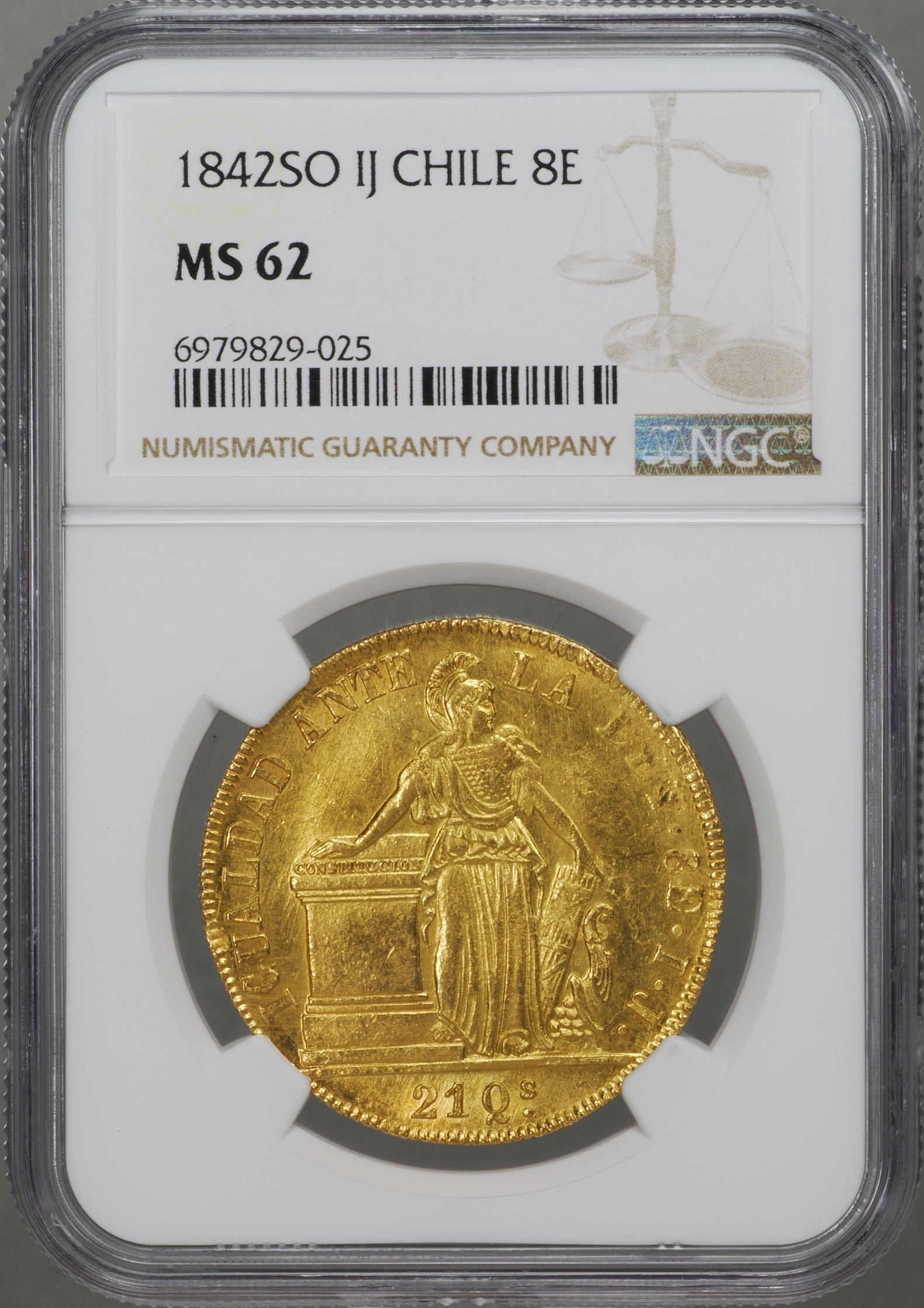 1842年-SO チリ サンティアゴ造幣所 IJ 8エスクード金貨 MS62 NGC