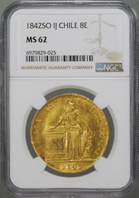 チリ サンティアゴ造幣所 1842年-SO IJ 8エスクード金貨 MS62 NGC 表