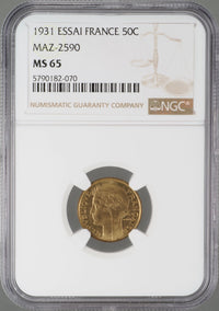 フランス 50サンチーム 1931年 アルミニウム青銅試鋳貨 MS65 NGC 表