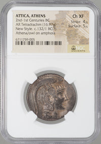 古代ギリシャ アッティカ・アテネ発行 テトラドラクマ銀貨 New Style 紀元前132～131年 Ch XF 4/5 5/5 NGC 表