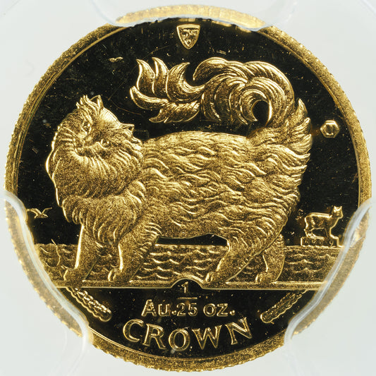 エリザベス2世 キャットコイン 1993年 マン島 1/25クラウン金貨 MS68 PCGS 表