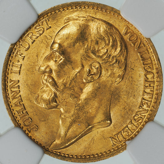 リヒテンシュタイン ヨハン2世 1898年 20クローネ金貨 MS63 NGC 表