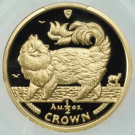 エリザベス2世 キャットコイン 1993年 マン島 1/2クラウン金貨 PR69 DEEP CAMEO PCGS 表